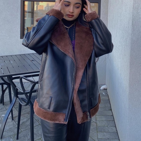 Black and brown faux leather jacket with a fur-lined hood - Picture 3 of 7